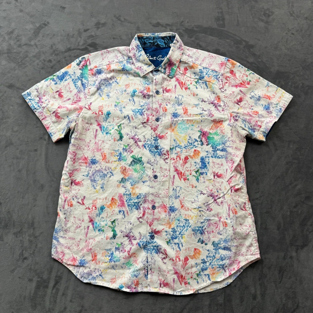 Robert Graham Mens Large White Multi Color Abstract Splatter Short Sleeve Shirt